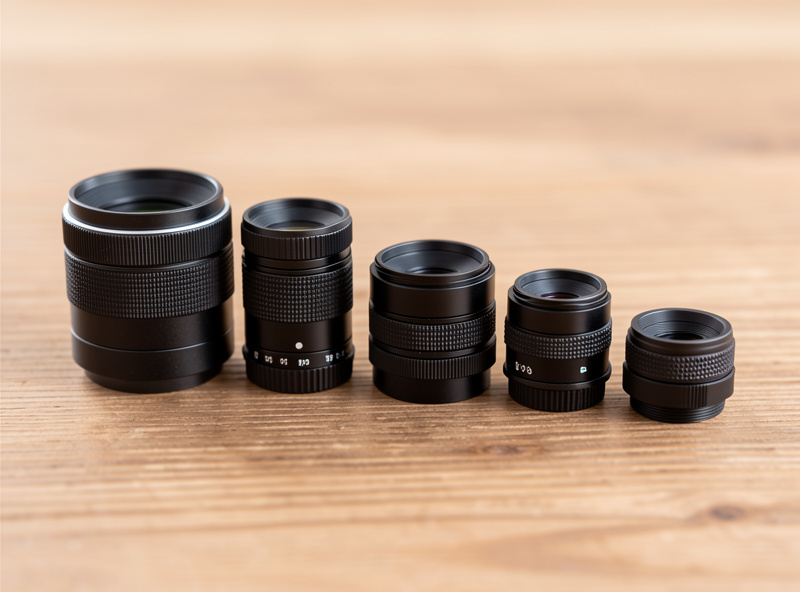 A set of telescope eyepieces of different focal lengths arranged from longest to shortest beside a notebook of magnification figures