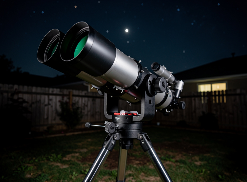 A pair of giant 25x100 astronomy binoculars on a heavy mount pointed at the night sky