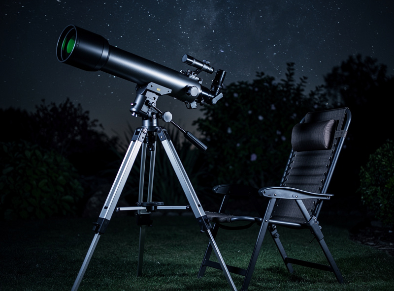 A giant 20x80 binocular mounted on a parallelogram arm with a reclining chair beside it