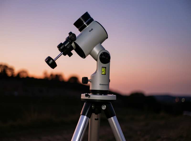 A computerized GoTo telescope mount being leveled on its tripod with a bubble level before alignment at dusk