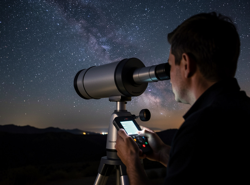 An observer centering an alignment star in the eyepiece of a GoTo telescope using the hand controller at night