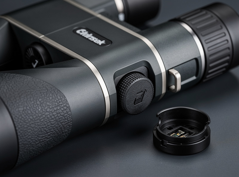 Image-stabilized astronomy binoculars on a table with the control button and battery compartment visible