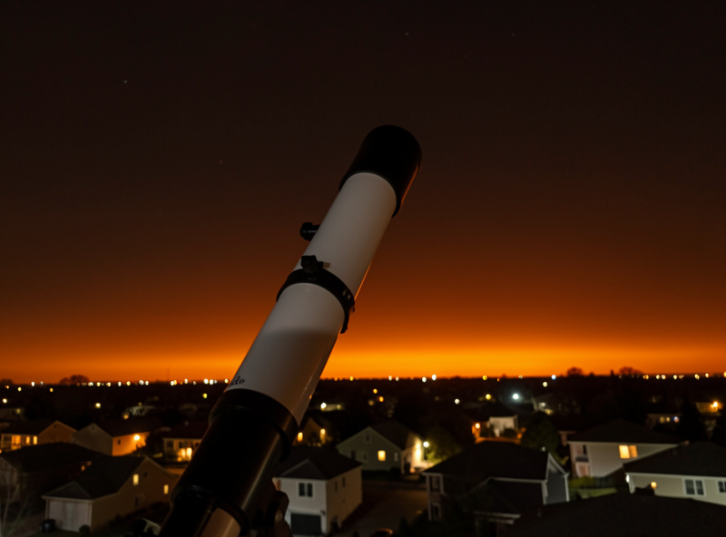 Suburban backyard telescope setup under an orange light-polluted sky glow