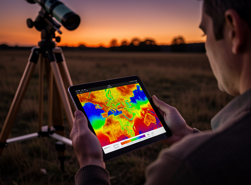 Astronomer reading a colour-coded light pollution map on a tablet beside a telescope