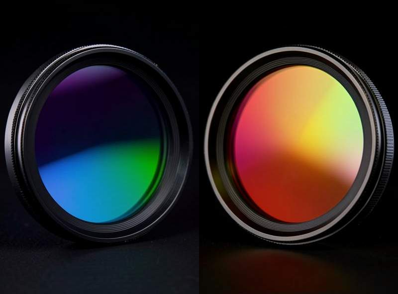Close-up comparison of two telescope filters showing different coating colours