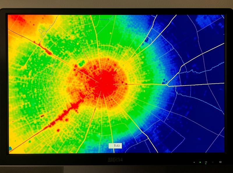 Colour-coded light pollution map showing a city core fading to dark rural zones