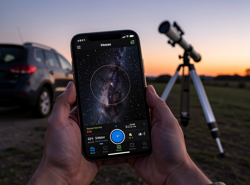 Astronomer checking a dark sky finder app on a phone beside a parked car at dusk