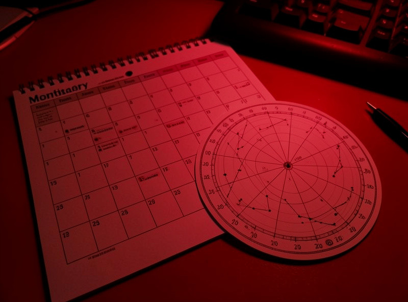 A calendar and star chart laid out for planning the month's astronomy highlights