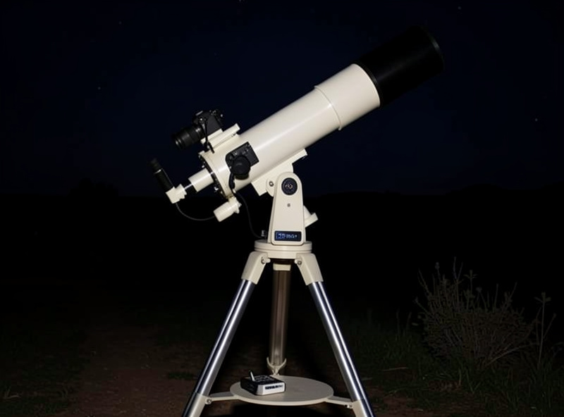 A computerized GoTo equatorial mount with hand controller and camera attached to a telescope at a dark site, set up for imaging