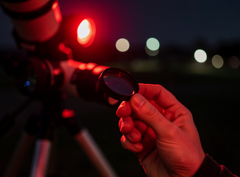 Observer at a telescope eyepiece at night holding a small nebula filter
