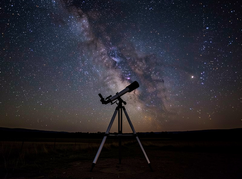Telescope set up under a dark starry sky with the Milky Way overhead for nebula observing
