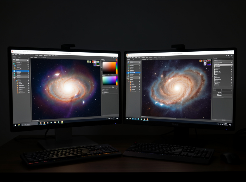 Two monitors side by side running PixInsight and Siril processing the same deep-sky galaxy image