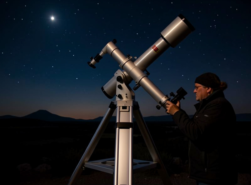 An equatorial telescope mount with its polar axis tilted toward the northern sky, Polaris visible above, during polar alignment at night