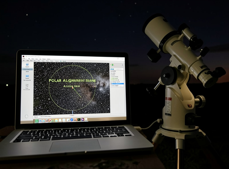 A laptop screen showing a software polar alignment routine with a star field and alignment error readout next to a telescope at night