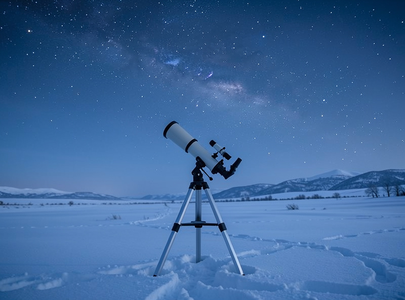 Telescope set up under a frosty winter sky with Orion rising