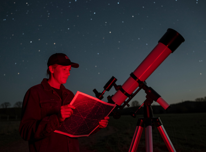 Observer using a star chart to star-hop across the sparse spring night sky