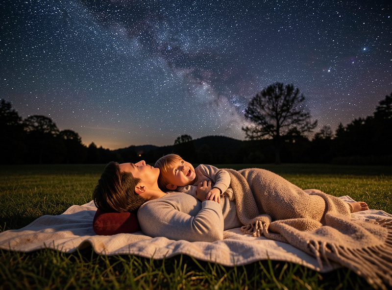 A parent and young child lying on a blanket on a lawn looking up at a star-filled night sky