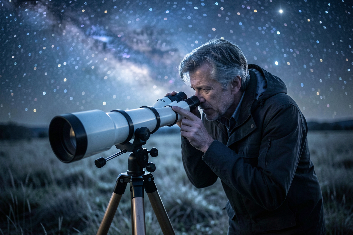 Amateur astronomer at a telescope eyepiece under a starry night sky