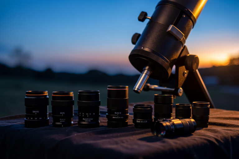 Eyepiece collection beside a telescope focuser at dusk
