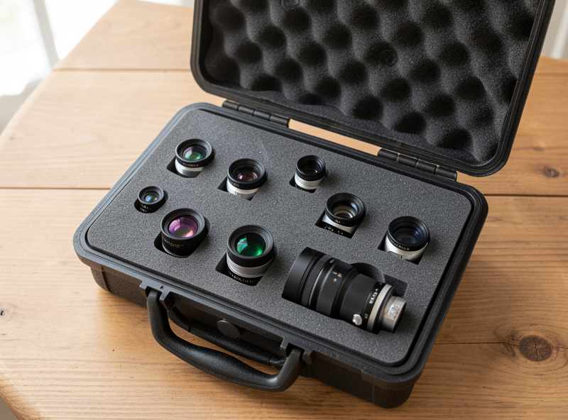 A worked telescope eyepiece kit laid out on a case, from long focal length wide-fields to short planetary eyepieces and a Barlow