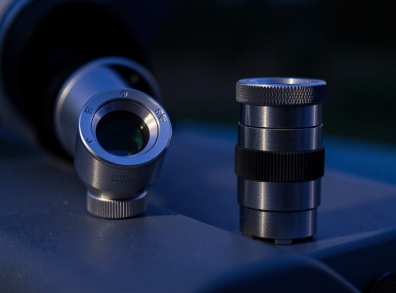 Close-up of a Barlow lens and a short focal length planetary eyepiece beside a telescope focuser under low light