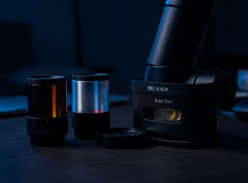 Narrowband UHC and OIII filters and a neutral density Moon filter beside an eyepiece on an observing table at a dark site