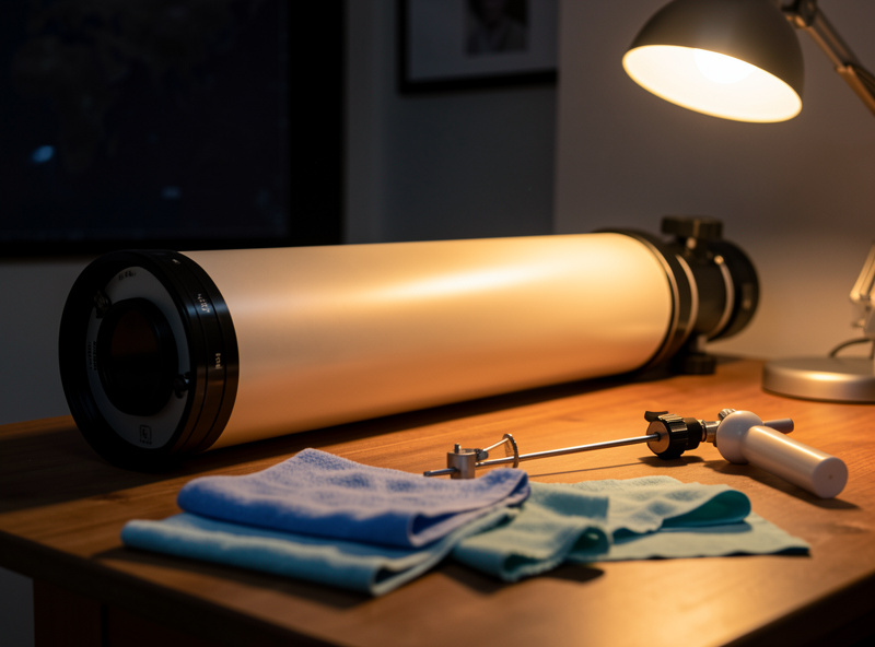 Dobsonian reflector telescope on a workbench at night with a collimation tool in the focuser and cleaning supplies nearby