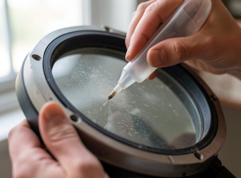 Hands using a blower bulb to remove dust from a telescope primary mirror without touching the coating
