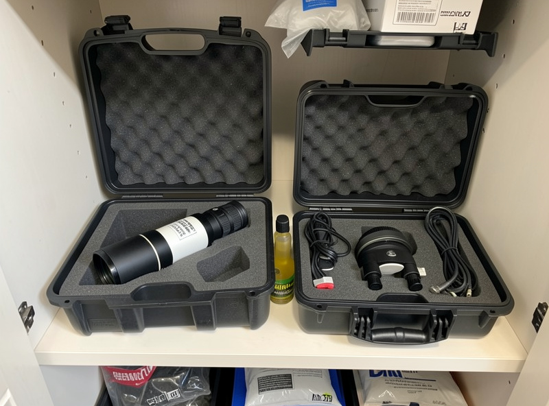 Refractor and SCT telescopes stored in foam-lined hard cases with silica gel packs and dew heater straps