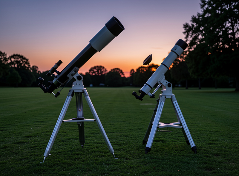 An equatorial telescope mount with counterweight tilted toward the celestial pole beside an alt-azimuth mount on a backyard lawn at dusk