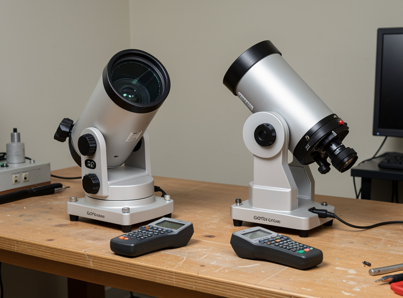 Two computerized equatorial GoTo mounts side by side with their hand controllers, a Celestron-style and a Sky-Watcher SynScan style