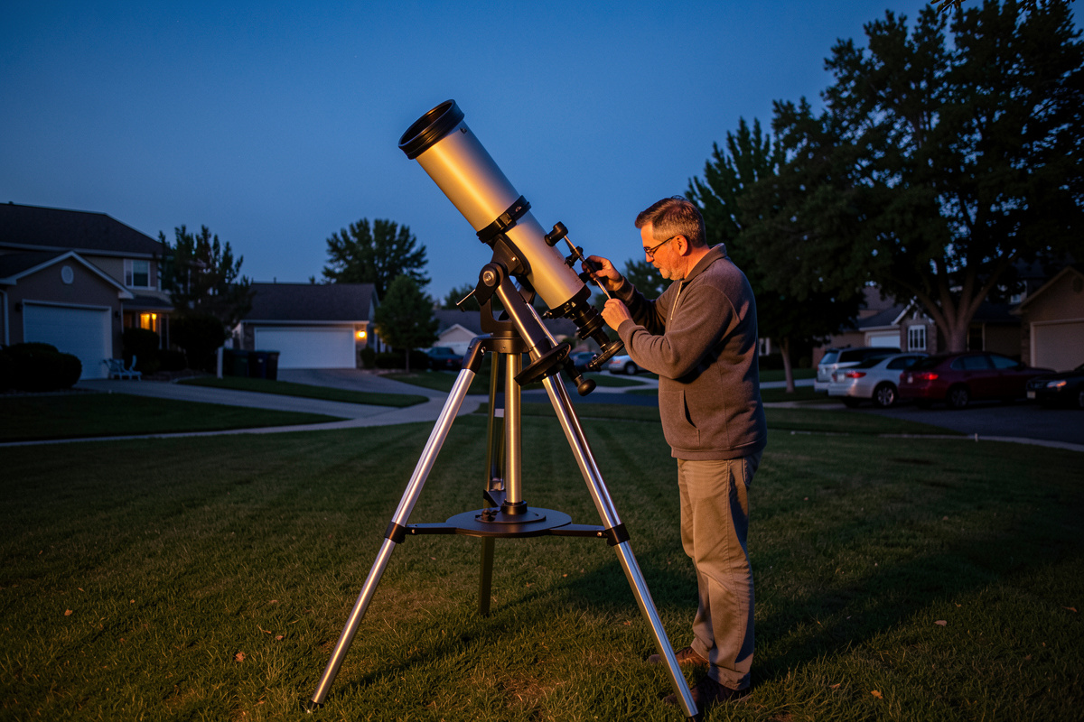 Amateur astronomer at the eyepiece of a large Dobsonian telescope troubleshooting on a suburban lawn at dusk