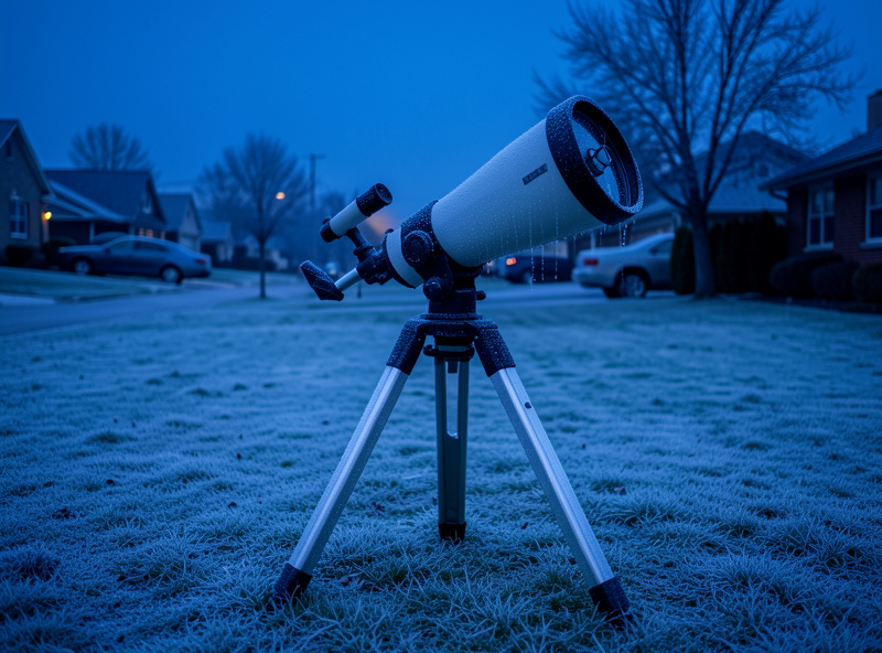 A telescope set up on a frosty suburban lawn with dew forming on its surfaces at cold twilight