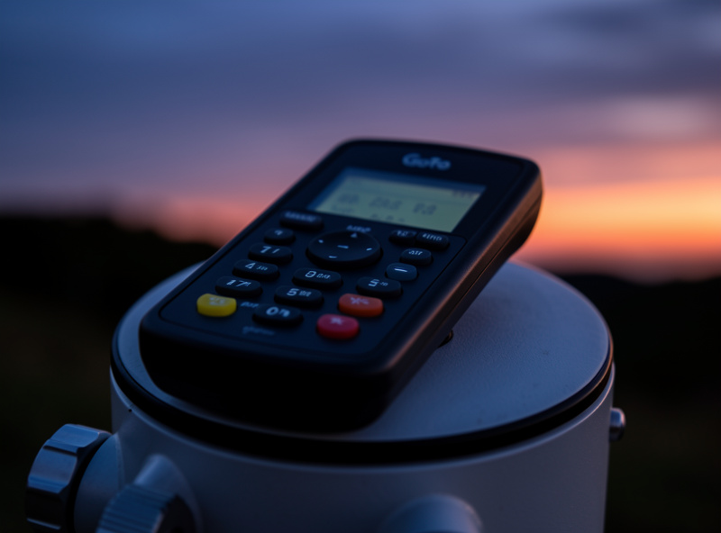 Close detail of a GoTo telescope hand controller resting on an equatorial mount head at twilight