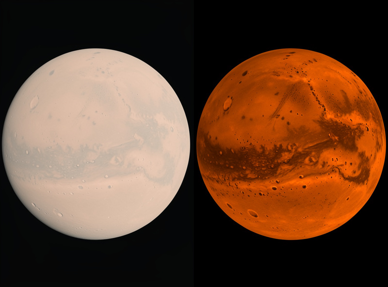 Comparison of Mars without a filter looking pale versus through an orange filter with darker contrasty markings