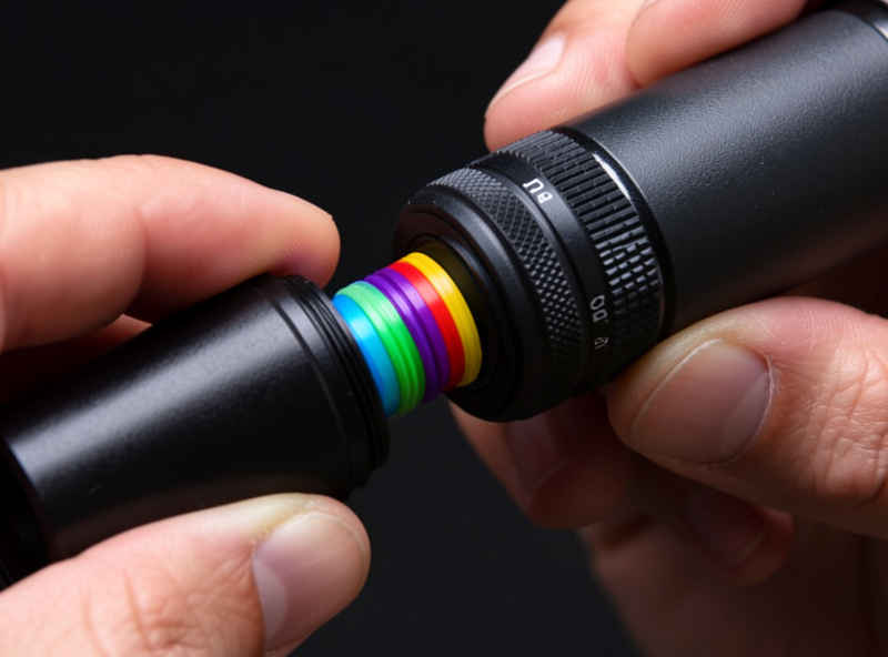 A colored filter being threaded into the barrel of a telescope eyepiece