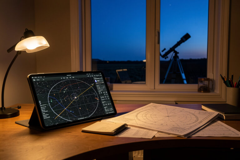 Astronomer planning a session with a tablet star map, printed atlas, and notebook at twilight