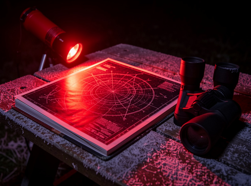 A printed star atlas open on a table beside a red headlamp and a pair of binoculars at night