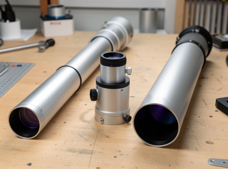 Three telescope tubes of different apertures and designs side by side on a workbench