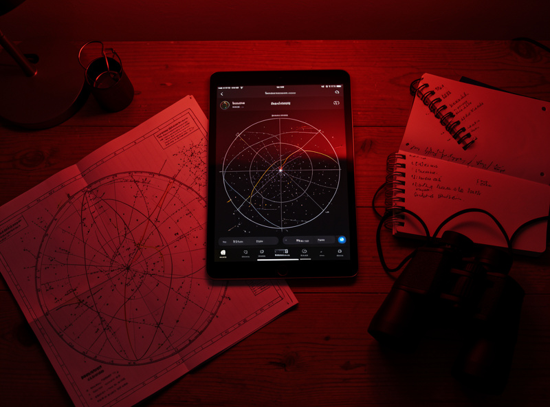 A planning desk with a tablet showing a planetarium app, a printed star atlas, and an observing notebook under red light