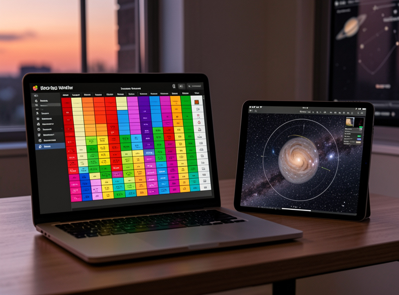 A laptop showing an astronomy seeing and transparency forecast chart next to a tablet planetarium app at dusk