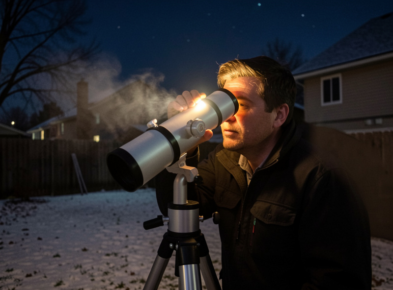 Astronomer observing Jupiter through a Maksutov-Cassegrain telescope on an alt-azimuth mount in a cold backyard at night