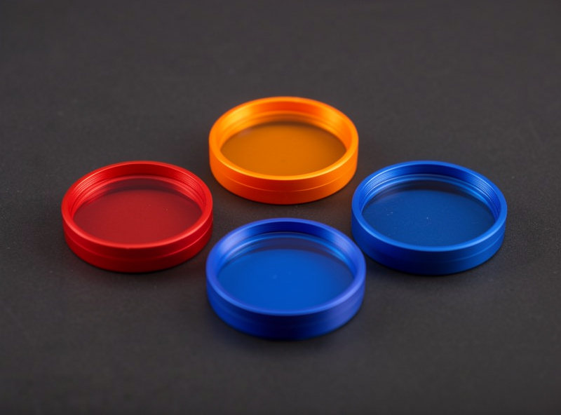 A set of colored telescope eyepiece filters in red orange and blue on a dark surface