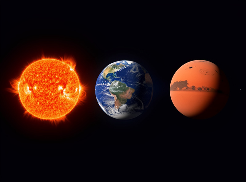 Diagram of the Sun, Earth and Mars aligned with Earth between the Sun and Mars at opposition
