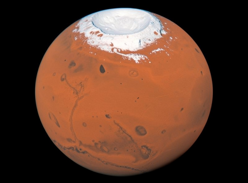 Detailed telescope view of Mars showing a bright white polar ice cap and dark surface markings on the orange disc