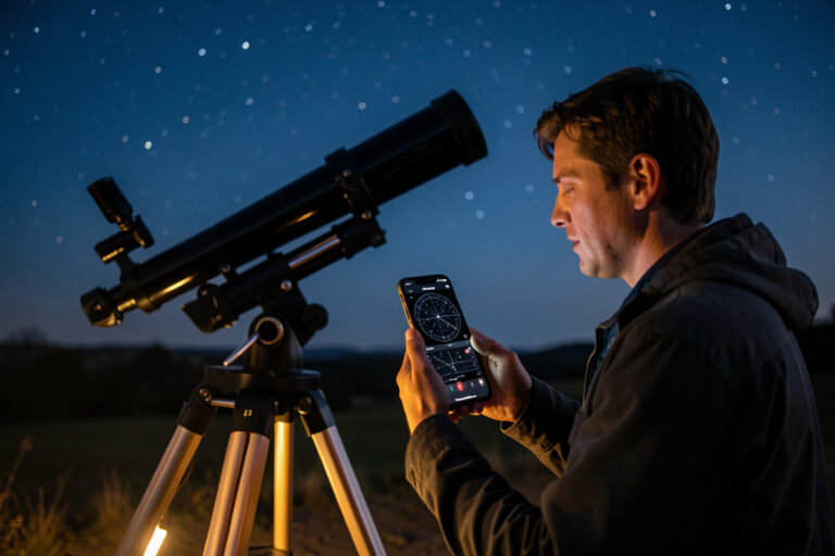 Amateur astronomer at a telescope using a star map app on a phone at twilight