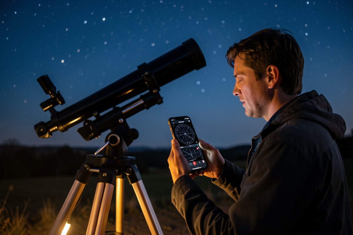 Amateur astronomer at a telescope using a star map app on a phone at twilight