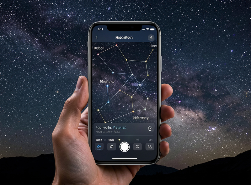 A phone held up to the night sky running an augmented-reality star identification app showing constellation labels