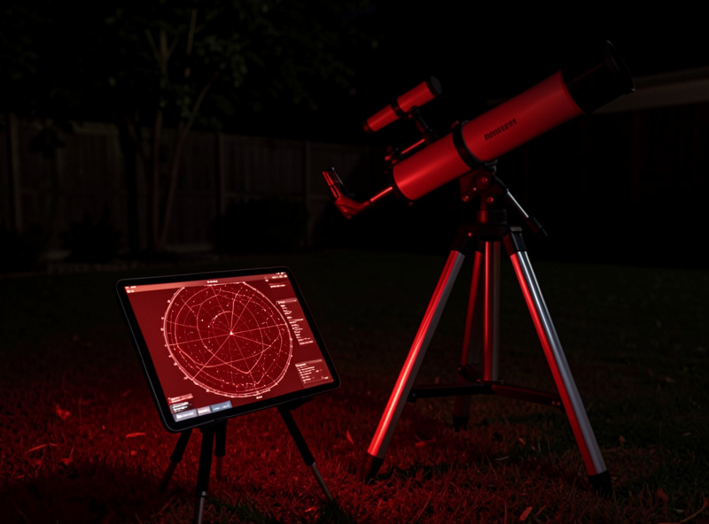 A tablet on a tripod mount beside a telescope at night showing a planetarium app in red night mode