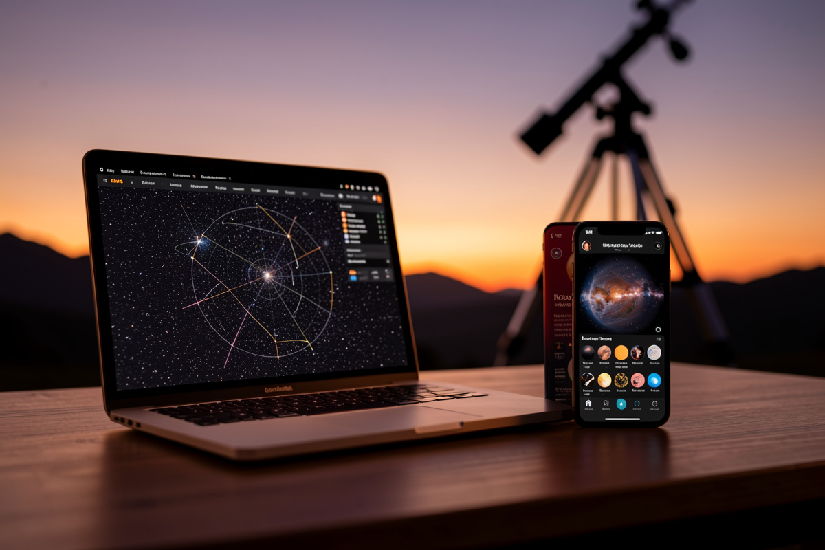 Stellarium star map on a laptop beside a SkySafari planetarium app on a phone at dusk